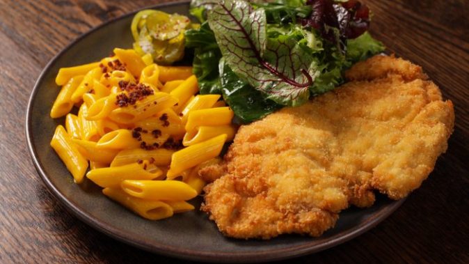 Crispy chicken schnitzel + cheese paste or mashed potatoes of your choice