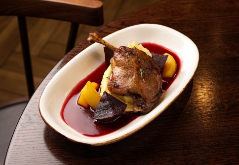 Duck leg with pickled beetroot and sous-vide pear