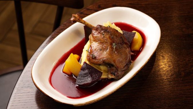 Duck leg with pickled beetroot and sous-vide pear
